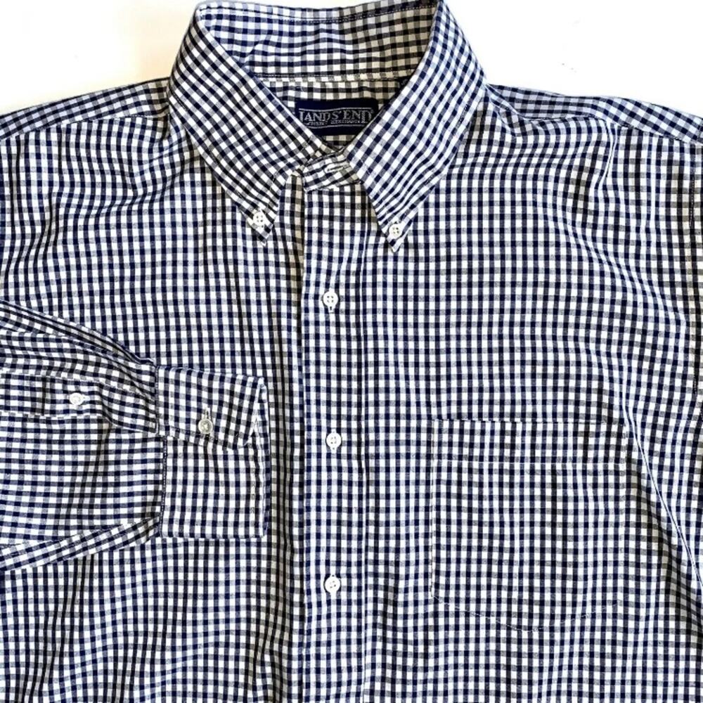 Lands' End Men's 16 Blue & White Gingham Plaid Poly/Cotton Shirt FLAWLESS